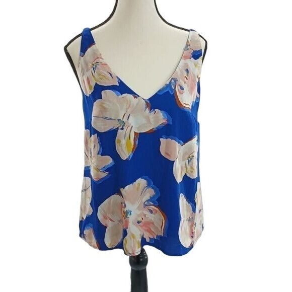 A New Day Tank Top Blue Pink Floral V Neck Womens Size Medium - Picture 1 of 5